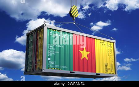 Conteneur d'expédition de fret avec drapeau national du Cameroun accroché sur crochet de grue - illustration 3D. Banque D'Images