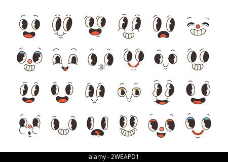 Ensemble de vecteurs de visages comiques groovy des années 70. Collection de visages de personnages de dessins animés, dans différentes émotions. Autocollants groovy. Illustration de Vecteur