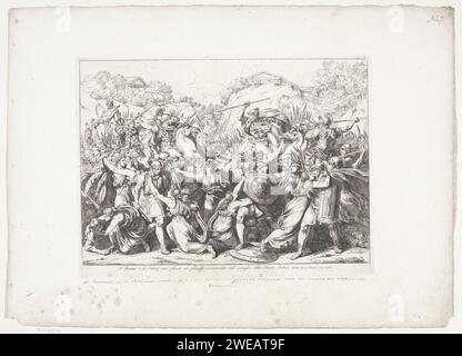 Réconciliation entre les Romains et les Sabins, Bartolomeo Pinelli, 1818 imprimer les vierges Sabijnse se jettent entre les deux armées combattantes des Sabins et des Romains. Ils lancent un appel à la paix. Rome papier gravure réconciliation des Sabins et des Romains : les femmes, certaines tenant leurs bébés, d'autres avec leurs cheveux lâches, et peut-être encouragés par Hersilia appellent à la paix au milieu des deux armées combattantes Banque D'Images