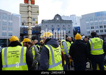 Bruxelles, Belgique. 24 janvier 2024. Des agriculteurs français et belges organisent une manifestation devant le Parlement européen à Bruxelles, en Belgique, le 24 janvier 2024. Crédit : ALEXANDROS MICHAILIDIS/Alamy Live News Banque D'Images