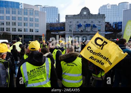 Bruxelles, Belgique. 24 janvier 2024. Des agriculteurs français et belges organisent une manifestation devant le Parlement européen à Bruxelles, en Belgique, le 24 janvier 2024. Crédit : ALEXANDROS MICHAILIDIS/Alamy Live News Banque D'Images