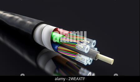câble à fibre optique sur fond noir. rendu 3d. Banque D'Images