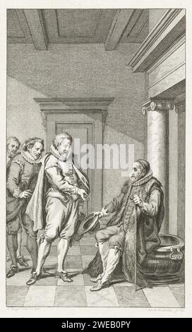 Le conseiller Teding van Berkhout avertit Johan van Oldenbarnevelt qu'ils seront emprisonnés, 1618, Reinier Vinkeles (I), après Jacobus Buys, 1787 print le conseiller Adriaan Teding van Berkhout avertit Johan van Oldenbarnevelt qu'ils seront emprisonnés, le 28 août 1618. Le retraité du conseil assis sur un grand bassin. Gravure sur papier du nord des pays-Bas Banque D'Images