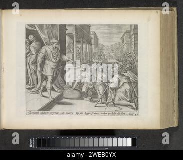 Frères de Jozef avec Benjamin pour Jozef, 1643 estampes les frères de Jozef et leur petit frère Benjamin retournèrent en Égypte et s'agenouillèrent pour Joseph. Il les invite à manger. A l'arrière gauche, les frères sont assis chez Joseph pour le repas. Entièrement en arrière-plan, la suite de l'histoire peut être vue : la coupe d'argent de Joseph se trouve dans la poche de Benjamin. Sous la performance une référence en latin au texte de la Bible dans Genèse 43. Ce tirage fait partie d'un album. Amsterdam gravure sur papier Joseph reçoit ses frères et Benjamin. La fête dans la maison de Joseph, la stupéfaction de ses frères Banque D'Images