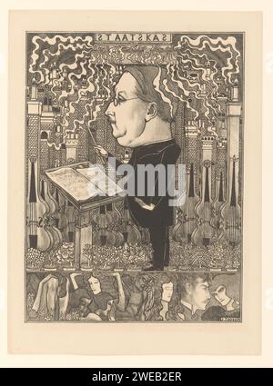 Chef d'orchestre avec des violons et des cheminées fumantes derrière elle, Jan Toorop, 1895 print caricature sur la révision de la taxe sur le personnel : le ministre Sprenger van Eyk comme chef d'orchestre. chef d'orchestre en papier  musique. impôts et administration financière Banque D'Images