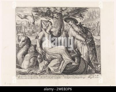 Asia, Crispijn van de passe (I), 1589 - 1611 imprimer la personnification féminine du continent asiatique qui piétine un serpent. Dans ses mains, elle tient un bouclier et une fusée. Une femme s'agenouille devant elle et derrière elle se trouve un chameau. Laissé en arrière-plan un visage sur Babylone. Sur la droite en arrière-plan un homme sur un horaire qui est sacrifié. Dans la marge, une légende de six lignes, en trois colonnes, en latin. Gravure sur papier Cologne l'Asie représentait allégoriquement ; 'Asia' (Ripa). Sacrifice humain  religions non chrétiennes Babylone Banque D'Images