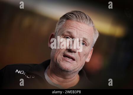 L'entraîneur danois Nikolaj Jacobsen lors d'une conférence de presse avec l'équipe de handball Denmarks à l'hôtel des joueurs à Cologne, en Allemagne, mercredi 24 janvier 2024 Banque D'Images