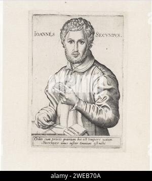 Portrait de Janus Secundus avec un médaillon avec le portrait de Julia, Paulus van Wtewael, 1570 - 1595 tirage Portrait de l'écrivain Janus Secundus. Dans sa main, il tient un médaillon avec le portrait de Julia, son premier grand amour, dont il a écrit un amour de l'amour. Dans la marge, une légende bidirectionnelle en latin. Utrecht gravure papier portrait d'un écrivain. médaille (considérée comme une sculpture, quelle que soit sa fonction spécifique). personnages historiques Banque D'Images