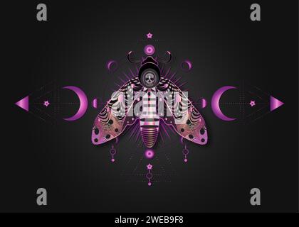 Le papillon de la tête de la mort sur Sacred Geometry. Papillon mystique nocturne avec un crâne et des phases de lune. Illustration vectorielle de luxe violet du LOGO céleste Illustration de Vecteur