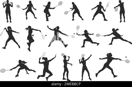 Silhouette de joueurs de badminton féminin, silhouettes de badminton, clipart de joueur de badminton, silhouettes de badminton fille. Illustration de Vecteur