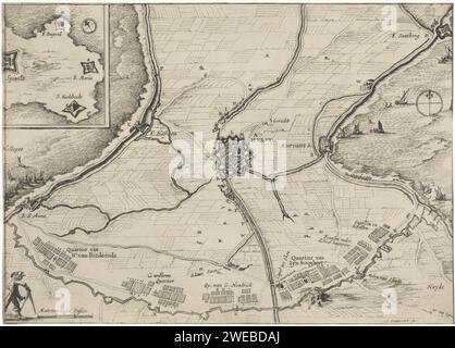 Siège van Hulst, 1645 ans, Abraham Dircksz. Santvoort, 1645 print Siège et conquête de Hulst par l'armée de l'État dirigée par Frederik Hendrik du 28 septembre au 5 novembre 1645. Central un plan de Hulst et du pays environnant avec les alentours et les camps de l'armée des assiégeants. En haut à gauche une carte avec les quatre forts Duyvel, Maria, Kieldrecht et Spinola. Cartes de gravure papier des pays-Bas de différents pays ou régions. siège, position guerre. Forteresse Holly Banque D'Images