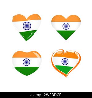 Ensemble d'icônes de coeur créatif avec drapeau de l'Inde. Collection de symboles graphiques. Bienvenue en Inde, bienvenue à Delhi signe touristique. Logo sport ou voyage Illustration de Vecteur