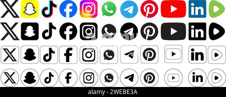 Janvier 24 2024 : logos couleur, noir et transparent, carrés et arrondis des principaux logos de la société de médias sociaux. Facebook, Twitter, Whatsapp, Yout Illustration de Vecteur