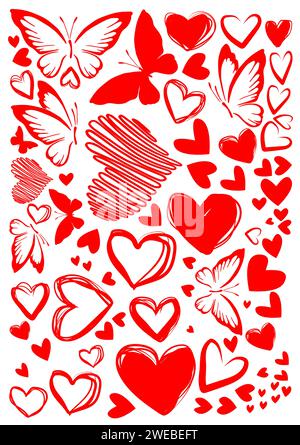 Ensemble de coeurs rouges et de papillons. Éléments design pour la Saint-Valentin. dessin à la main. Pas IA. Illustration vectorielle. Illustration de Vecteur