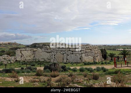 Complexe de temples mégalithiques de Ggantija sur l'île méditerranéenne de Gozo vu de l'ouest Banque D'Images