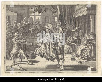 Compagnie de danse dans une auberge, Cornelis van Kittensteyn, après Adriaen Pietersz van de Venne, 1629 print dans une auberge, un jeune homme a ramassé une jeune femme en dansant. À gauche à côté d'eux se trouve un homme jouant du violon. Sur la droite, près de la cheminée, il y a des hommes et des femmes qui vident leurs ragoûts près du feu ou qui sont sur le point de jeter leurs ragoûts dans le feu. En arrière-plan une table richement dressée avec trois couples amoureux et derrière laquelle sont dansés exubérement. Derrière la fenêtre les contours du Sint-Bavokerk à Haarlem. poêle à pied à gravure de papier. violon, violon. hôtel, hôtellerie, auberge. dansant. création d'um Banque D'Images