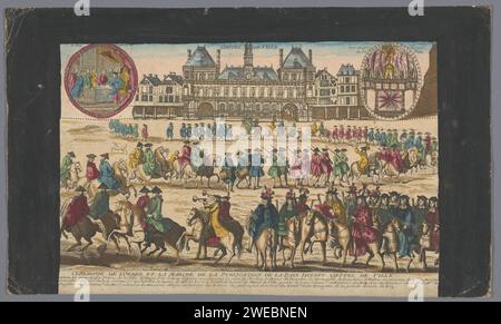 Vue de l'Hôtel de ville de Paris avec procession pour proclamer la paix, Basset, 1700 - 1799 estampe en haut à gauche, le roi signe le document. En haut à droite, des feux d'artifice sont déclenchés. Trois lignes de texte français dans la marge inférieure. Editeur : Parisprint Maker : France paper. carton. papier préparé. aquarelle (peinture). peinture de pont gravure / pinceau / coupe / perforation carré, place, cirque, etc (+ city(-scape) avec chiffres, staffage). townhall. défilé militaire, concours. proclamation de la paix. feu de joie, feux d'artifice. Signature du traité de paix, conclusion de la Mairie de la paix Banque D'Images