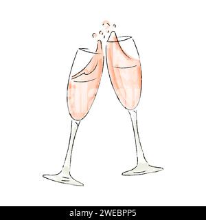 Deux verres à champagne Doodle. Motif de célébration à l'aquarelle dessiné à la main. Illustration vectorielle couleur de l'année. Illustration de Vecteur