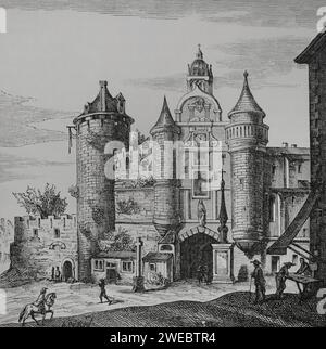 Paris, France. Le Grand Châtelet. Forteresse construite par le roi Louis VI (1081-1137) sur la rive droite de la Seine. Il a été reconstruit en pierre après les incursions normandes. Après que son utilisation comme forteresse a été abandonnée, il est devenu le prévôt de Paris, abritant des prisons et des chambres de torture. Il a été démoli en 1808 sur ordre de Napoléon. Façade principale. Fac-similé d'après une gravure de Matthäus Merian dans 'Topographia Galliae', de Martin Zeiler. Publié Francfort, 1655. « Moeurs, usages et costumes au moyen-âge et à l'époque de la Renaissance », par Paul Lacroix. Paris, 1878. Banque D'Images