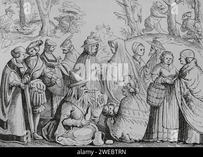 Gipsies raconte la fortune. Gravure d'après une gravure sur bois dans Cosmographia universalis de Sebastian Münster, publié à Bâle en 1552. « Moeurs, usages et costumes au moyen-âge et à l'époque de la Renaissance », par Paul Lacroix. Paris, 1878. Banque D'Images