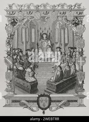 Charles III, duc de Bourbon (1490-1527). Noble français et chef militaire. Procès du Constable de Bourbon devant la cour des pairs de France, 1523. Gravure du 19e siècle d'après 'la monarchie Françoise', de Bernard de Montfaucon (1655-1741). Publié à Paris, 1729. « Moeurs, usages et costumes au moyen-âge et à l'époque de la Renaissance », par Paul Lacroix. Paris, 1878. Banque D'Images