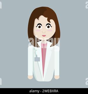 Le médecin est une femme aux cheveux brun foncé et aux grands yeux, avec un badge sur son manteau blanc et portant un chemisier rose. Une figurine à longueur de taille. Vecteur Illustration de Vecteur