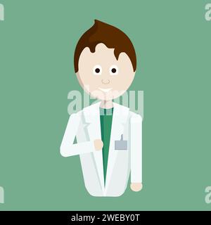 Le docteur est un homme aux cheveux brun foncé et aux grands yeux, avec un badge sur son manteau blanc et portant un T-shirt vert. La figure est la longueur de la taille. Illustration de Vecteur