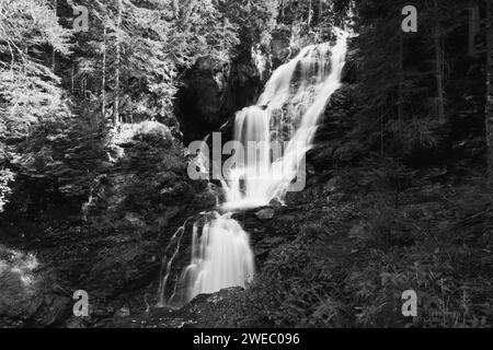 Cascade de Riesach dans la vallée d'Untertal, Rohrmoos-Untertal dans les Alpes de Schladminger, Autriche. Photographie en noir et blanc. Banque D'Images