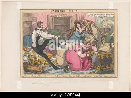 La famille Conymham emballe pour le déménagement, William Heath, 1830 la famille Conymham est occupée à emballer toutes ses affaires pour déménager du château de Windsor au château de Slane, 1830. La dame ronde Conyngham, maîtresse du roi George IV, tente d'ouvrir un coffre au Trésor avec une clé. Lord Conygham tire une corde autour d'un gros paquet. La fille porte le squelette de la girafe. Imprimeur : Englandpublisher : London papier gravure déménagement (maison). animaux ongulés : girafe (+ squelette d'un animal). coffre à argent, coffre au trésor, boîte à argent. caricatures et satires politiques Banque D'Images