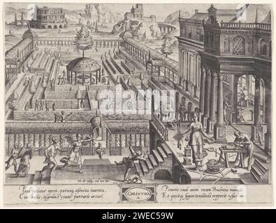 De 16 ans à l'âge de 32 ans : l'ordre corinthien, Johannes Wierix, d'après Hans Vredeman de Vries, 1577 estampes jardin intérieur clos avec labyrinthe, fontaine et pergolas. Les jeunes s'amusent dans le labyrinthe. Au premier plan, Engelen conduit les jeunes hommes dans une maison où divers arts sont pratiqués. Dans la marge, une légende de quatre lignes, en deux colonnes, en latin. Anvers gravure sur papier ordre corinthien  architecture. homme adulte. labyrinthe, labyrinthe  jardin. peinture, dessin et arts graphiques Banque D'Images