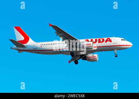Boryspil, Ukraine - 2 janvier 2021 : l'avion Airbus A320 de Lauda atterrit à l'aéroport international de Boryspil Banque D'Images