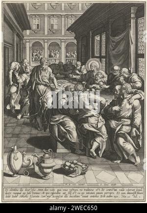 Dernière Cène, Anonyme, d'après Johann Sadeler (I), d'après Maerten de vos, 1590 - 1638 imprimer Christ et ses apôtres sont assis ensemble à une table. Christ montre à ses élèves un morceau de pain. Judas se tient debout. Une pochette d'argent dans sa main droite. L'impression a une légende latine avec un texte de la Bible et est la première impression d'une série de quatorze parties sur la passion du Christ. Après impression par : Antwerppublisher : Southern Netherlands paper gravure Last Cène (en général) (Matthieu 26:18-35, Marc 14:21-31, Luc 22:3, 22:15-23, Jean 13:21-38) Banque D'Images