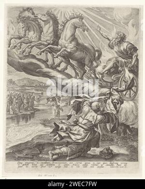 Ascension d'Elia, Johannes Wierix, d'après Maerten de vos, 1582 - 1583 imprimer Elijah est emmené au ciel dans une voiture de feu, avec des chevaux devant. ELISA attrape juste son manteau. En arrière-plan, vous pouvez voir comment Elisa frappe alors le manteau d'Elijah sur l'eau afin qu'il coule à gauche et à droite et qu'il puisse traverser la rivière. Avec cela, il gagne la reconnaissance des prophètes de l'autre côté de la rue. Dans la marge, une citation biblique de trois lignes de 2 Kon. 2 en latin. Anvers papier gravure un char, des chevaux de feu et un tourbillon apparaissent et Elijah est porté jusqu'au ciel ; la cape d'Elijah tombe (ou il h Banque D'Images