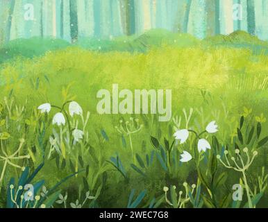 scène de dessin animé avec magicaly regardant prairie dans la forêt dans l'illustration de jour ensoleillé pour les enfants Banque D'Images