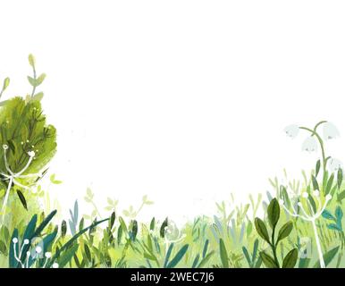 scène de dessin animé avec magicaly regardant prairie dans la forêt dans l'illustration de jour ensoleillé pour les enfants Banque D'Images