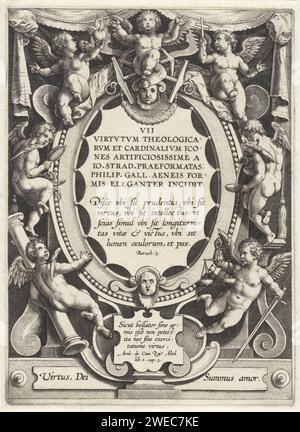 Cartouche avec le titre de la série, entouré de putti, hieronymus wierix, d'après Jan van der Straet, 1563 - avant 1612 impression titre de la série et une citation biblique de cinq lignes de Bar. 3 en latin, dans un cartouche, entouré de putti avec les attributs des trois vertus divines et des quatre vertus cardinales. Sous le cartouche un cadre avec quatre lignes en latin. Papier Anvers gravant les sept vertus (symbolisé) Banque D'Images