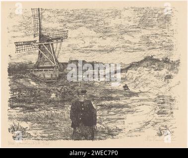 NES (Ameland) II, Otto Hanrath, 1925 imprimer Un agriculteur dans un paysage de dunes. En arrière-plan quelques maisons et moulin à farine de Phenix dans la ville de Nes sur Ameland. producteurs de papier. dunes (mer non visible) ; dans les dunes. moulin à vent dans le paysage Nes (Ameland) Banque D'Images