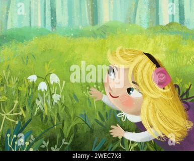 scène de dessin animé avec magicaly regardant prairie dans la forêt en journée ensoleillée avec petite fille princesse illustration pour les enfants Banque D'Images