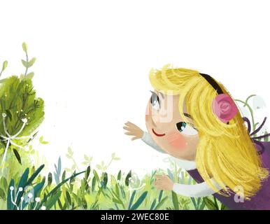 scène de dessin animé avec magicaly regardant prairie dans la forêt en journée ensoleillée avec petite fille princesse illustration pour les enfants Banque D'Images