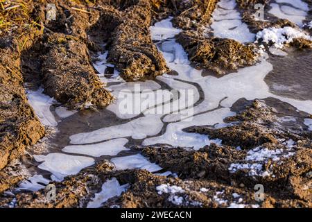 Flaque d'eau gelée sur les chenilles d'un tracteur dans un champ avec des mottes de terre au soleil en hiver Banque D'Images