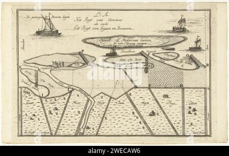 Carte des îles au large de la côte, Martinus Berkenboom, d'après J. van Heuvel, 1650 - 1715 imprimer carte des îles au large de la côte. L'impression fait partie d'une série d'impressions sur le génie hydraulique et la remise en état. Marécages et polders de gravure de papier de Nijmegen Banque D'Images