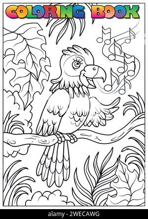 livre de coloriage pour les enfants - un perroquet assis dans la jungle sur un arbre chantant avec des notes dans l'air. Illustration de Vecteur