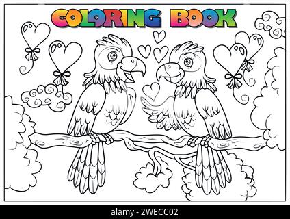 Livre de coloriage pour enfants pour la Saint-Valentin - deux perroquets amoureux assis sur un arbre avec des cœurs autour d'eux Illustration de Vecteur