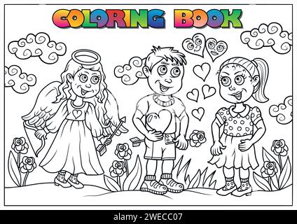 Livre de coloriage pour enfants pour la Saint-Valentin - un ange a tiré une flèche sur un garçon amoureux, des roses et des ballons en arrière-plan Illustration de Vecteur