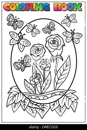 Livre de coloriage pour enfants pour Pâques, un grand œuf avec des roses et des papillons Illustration de Vecteur