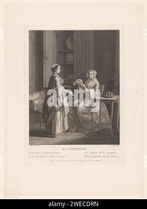 Intérieur avec deux élégantes dames regardant de nouveaux chapeaux, Dominique Sornique, d'après Etienne Jeaurat, 1718 - 1756 imprimer dans un départ une femme assise dans une maison japon et chapeau sur la tête. Sur sa main, elle regarde un chapeau qui lui est remis par la femme debout en face d'elle qui vend des chapeaux. Sur la droite, sur un canapé se trouve sa boîte avec de la marchandise. Avec légende sur la mode dans les chapeaux. Paris papier gravure / gravure tête-équipement (BONNET) (+ vêtements pour femmes). robe, robe : robe du matin (+ vêtements pour femmes). robe, robe (+ vêtements pour femmes). Commerçant errant ou voyageant - BB - femmes engagées dans le commerce an Banque D'Images