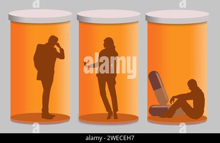 Les personnes dépendantes aux drogues sont vues à l'intérieur des bouteilles de pilules de pharmacie pour symboliser être piégées par leur dépendance. Il s'agit d'une 3-d ilustration isolée sur Banque D'Images