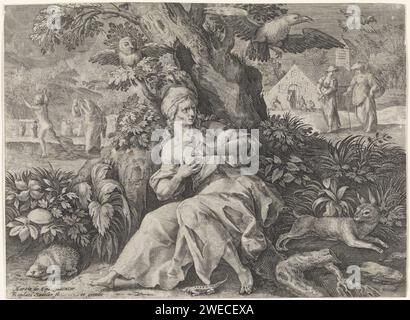 Fart, Raphaël Sadeler (I), d'après Maerten de vos, 1592 impression au premier plan est une vieille femme à peine vêtue devant un arbre. Elle personnifie les peurs (Timiditas). Autour de ses cinq animaux : le lézard, le hérisson, le lièvre, la chouette et le corbeau. Sur la gauche du plan du milieu, une femme s'enfuit et une femme se couvre le visage. Sur la droite dans le plan du milieu, une femme menottée est en conversation avec une autre femme avec une canne. En arrière-plan, mendiants devant une église (à droite). La quatrième impression d'une série en quatre parties sur les caractéristiques humaines négatives. Gravure sur papier Cologne peur, crainte ; 'P Banque D'Images