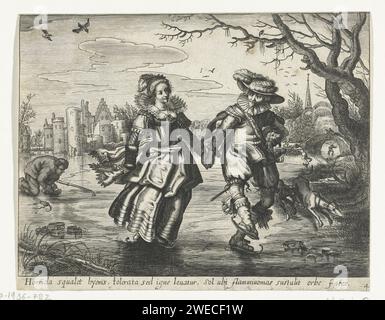 Hiver, Daniël van den Bremden, d'après Adriaen Pietersz van de Venne, 1625 - 1630 imprimer Une paire élégante de patinage, vue de face et habillée selon la mode des années 1620-1630. La femme a une manche dans la main droite. A gauche un homme qui lie le patinage et deux chiens à droite. En arrière-plan une ruine de château avec portier et pont. Amsterdam gravure sur papier hiver  activités humaines (les quatre saisons de l'année). vêtements, costume (+ vêtements pour hommes). vêtements, costume (+ vêtements pour femmes). casque : chapeau (+ vêtements pour hommes). casque : chapeau (+ plumes utilisées pour les vêtements). cou-engrenage Banque D'Images