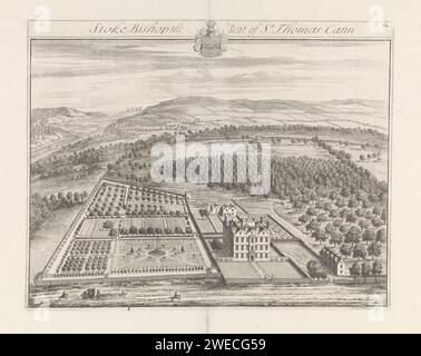 Vue de Stoke Bishop, Johannes Kip, 1709 face imprimée d'une vue aérienne sur le domaine de Stoke Bishop de Sir Thomas Cann. Au premier plan la maison de campagne et à gauche une calèche et trois cavaliers. Laissé en arrière-plan une rivière avec divers navires, qui se jette dans un lac ou la mer. Dans la marge le titre et l'écusson de famille. L'estampe fait partie d'une série de châteaux royaux en Angleterre. château de gravure de papier. jardin. véhicule à quatre roues tiré par plus de trois animaux Banque D'Images